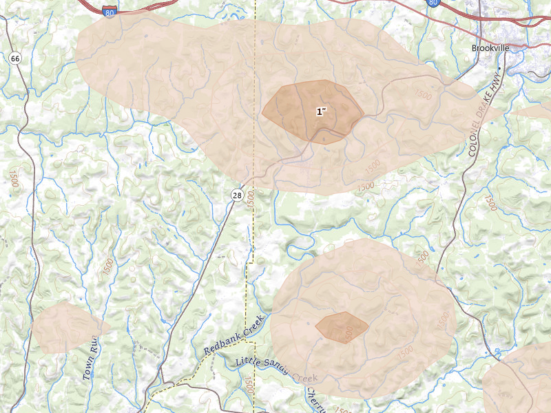 Radar-estimated hail-size map of the storm over Summerville, PA on Jul 3, 2026