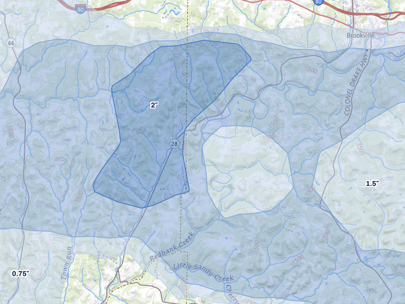 NEXRAD radar-signature map of the hail storm over Summerville, PA on Jul 3, 2026