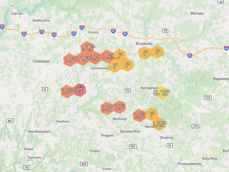 Hail map of Summerville, PA on Jul 4, 2026, hail up to 2"