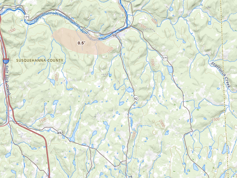 Radar-estimated hail-size map of the storm over Susquehanna, PA on Jul 1, 2026