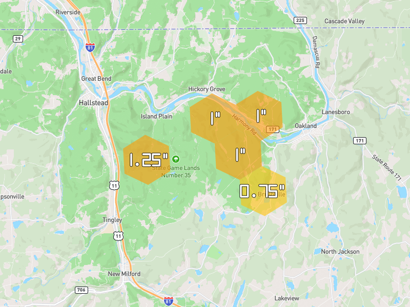 Hail map of Susquehanna, PA on Jul 2, 2026, hail up to 1.25"