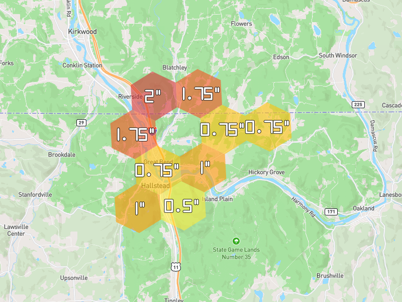 Hail map of Susquehanna, PA on Jul 3, 2026, hail up to 2"