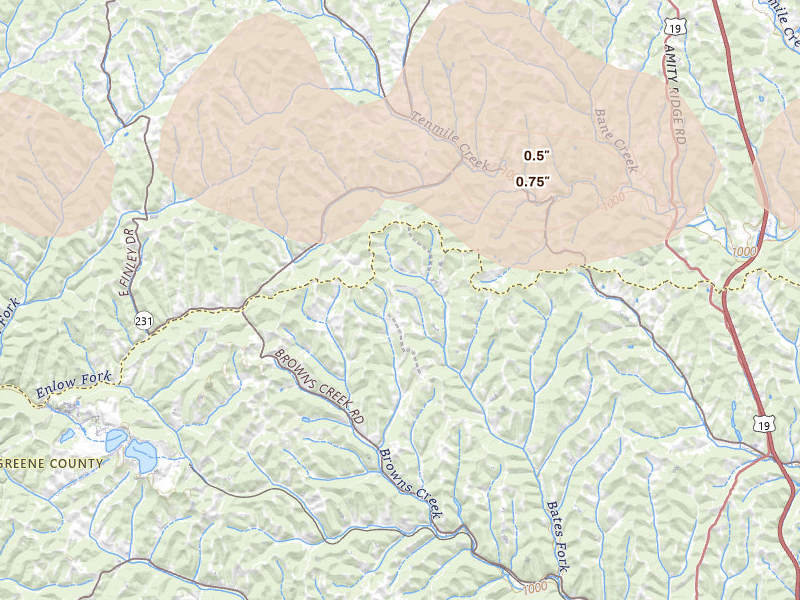 Radar-estimated hail-size map of the storm over Sycamore, PA on Jun 6, 2026