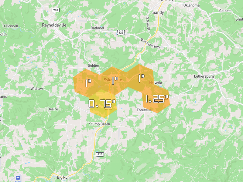 Hail map of Sykesville, PA on Jul 4, 2026, hail up to 1.25"