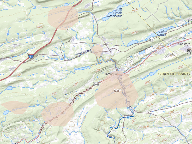 Radar-estimated hail-size map of the storm over Tamaqua, PA on Jul 3, 2026