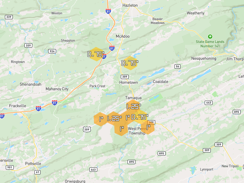 Hail map of Tamaqua, PA on Jul 3, 2026, hail up to 1.25"