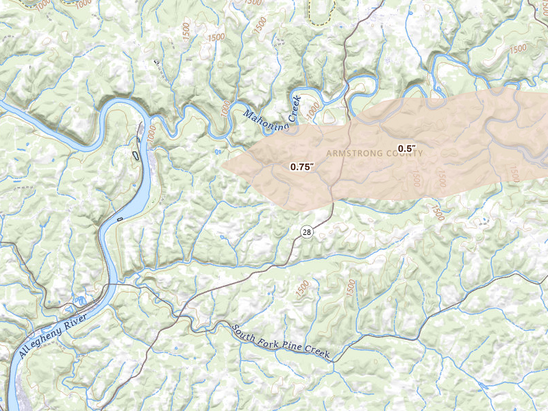 Radar-estimated hail-size map of the storm over Templeton, PA on Jun 10, 2026