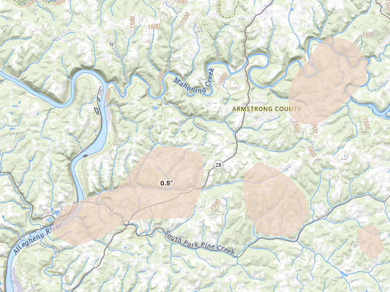 Radar-estimated hail-size map of the storm over Templeton, PA on Jul 3, 2026