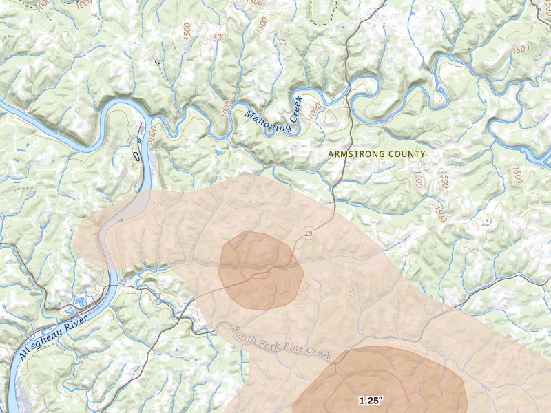 Radar-estimated hail-size map of the storm over Templeton, PA on Jul 4, 2026