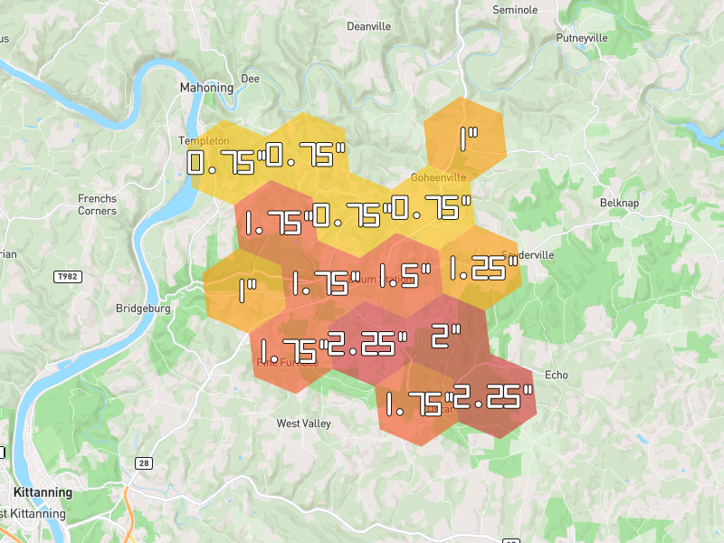 Hail map of Templeton, PA on Jul 4, 2026, hail up to 2.25"