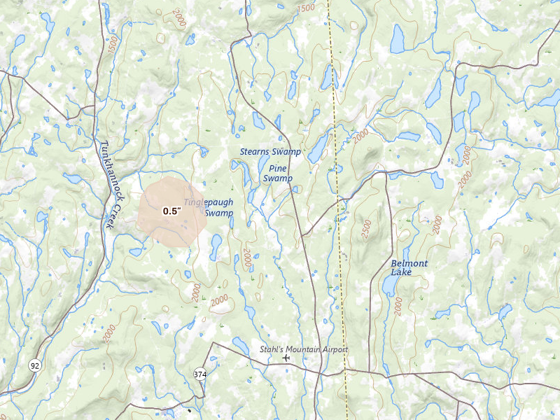 Radar-estimated hail-size map of the storm over Thompson, PA on Jul 3, 2026
