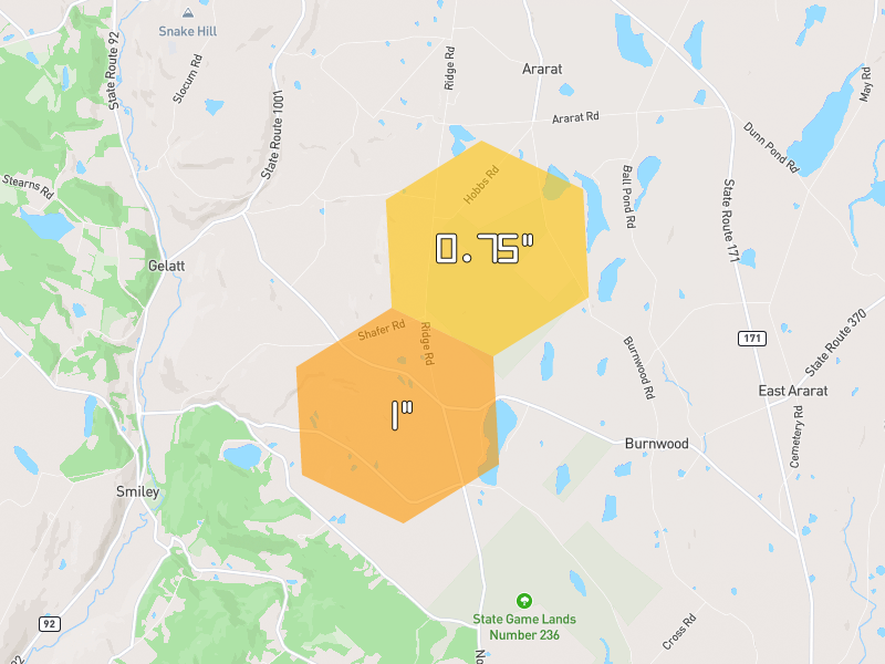 Hail map of Thompson, PA on Jul 3, 2026, hail up to 1"