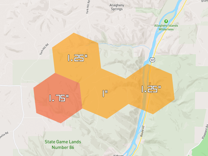 Hail map of Tidioute, PA on Jul 4, 2026, hail up to 1.75"