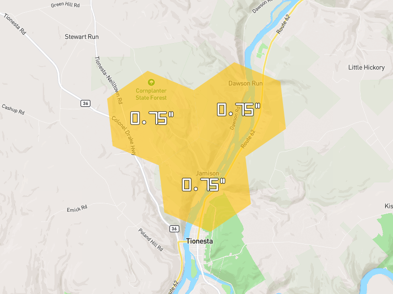 Hail map of Tionesta, PA on Jul 3, 2026, hail up to 0.75"