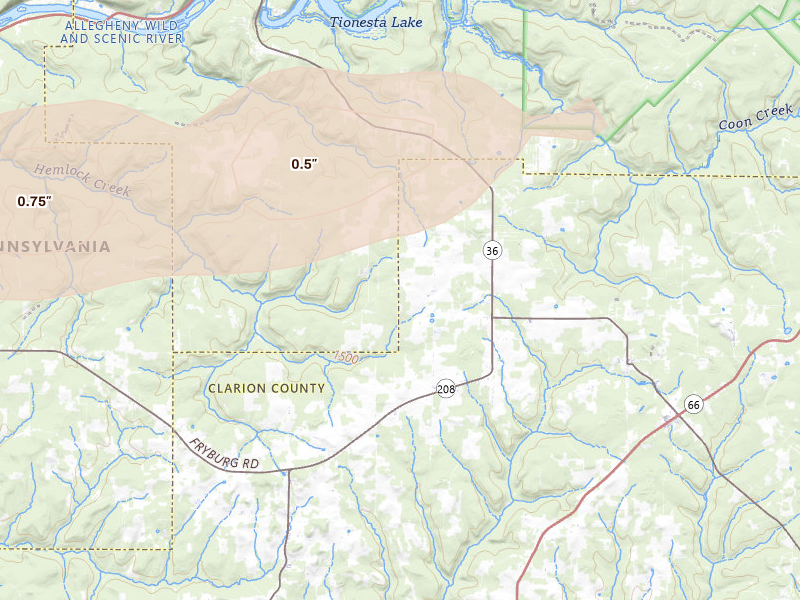 Radar-estimated hail-size map of the storm over Tionesta, PA on Sep 2, 2026