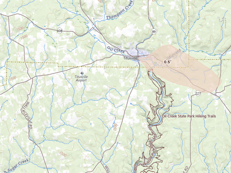 Radar-estimated hail-size map of the storm over Titusville, PA on Jul 3, 2026