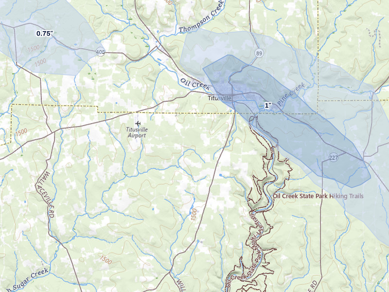 NEXRAD radar-signature map of the hail over Titusville, PA