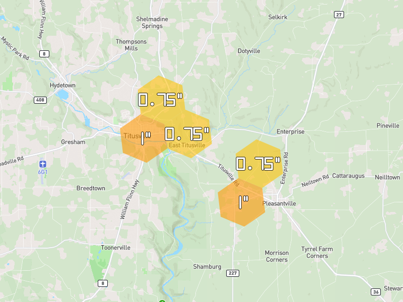 Hail map of Titusville, PA on Jul 3, 2026, hail up to 1"