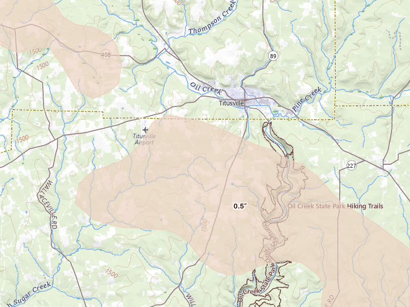 Radar-estimated hail-size map of the storm over Titusville, PA on Jul 21, 2026