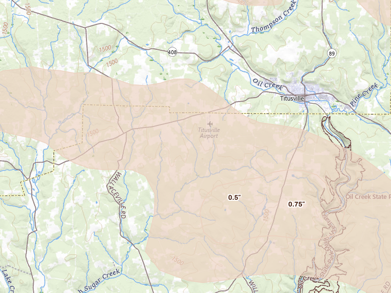 Radar-estimated hail-size map of the storm over Titusville, PA on Sep 1, 2026