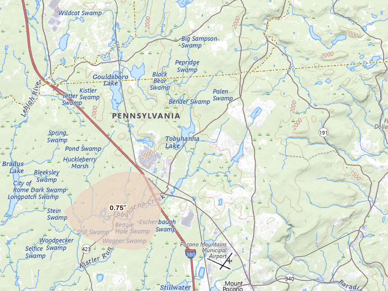 Radar-estimated hail-size map of the storm over Tobyhanna, PA on Jul 3, 2026