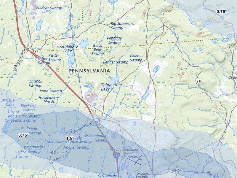 NEXRAD radar-signature map of the hail storm over Tobyhanna, PA on Jul 3, 2026