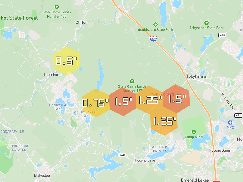 Hail map of Tobyhanna, PA on Jul 3, 2026, hail up to 1.5"