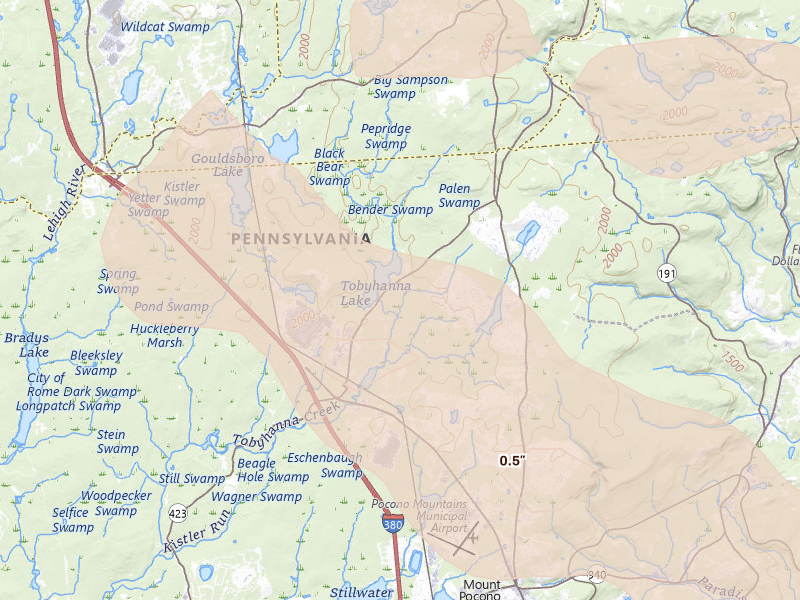 Radar-estimated hail-size map of the storm over Tobyhanna, PA on Jul 4, 2026