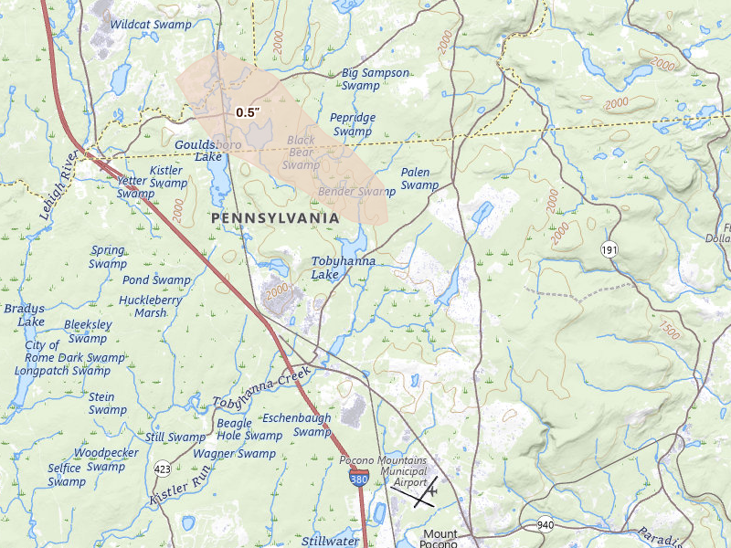 Radar-estimated hail-size map of the storm over Tobyhanna, PA on Sep 1, 2026