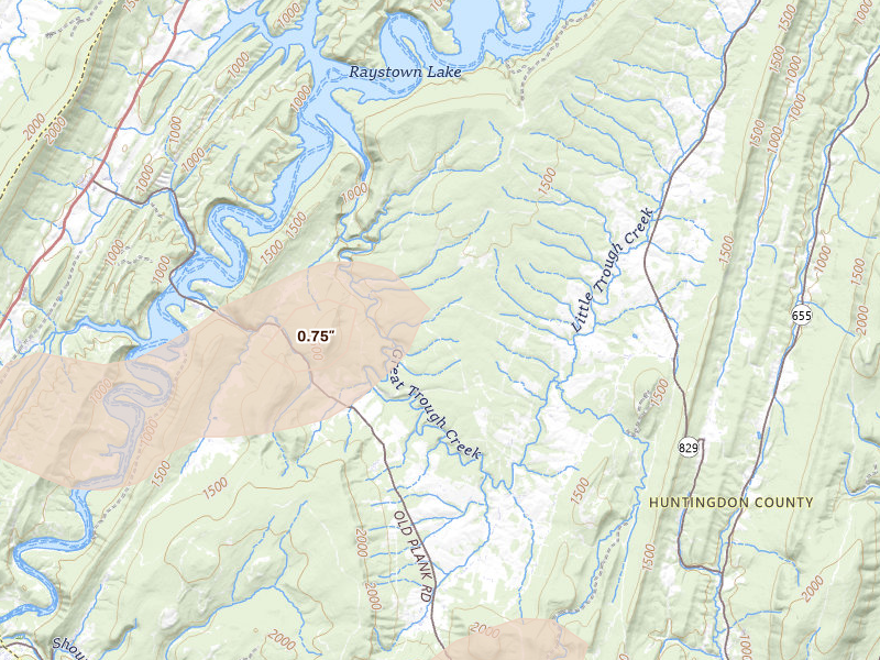 Radar-estimated hail-size map of the storm over Todd, PA on Aug 9, 2026