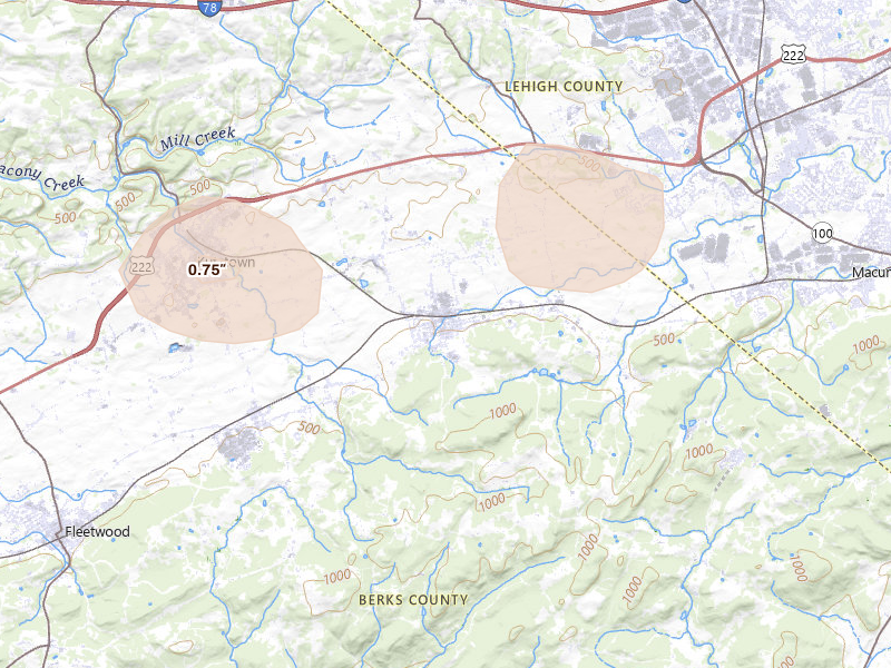 Radar-estimated hail-size map of the storm over Topton, PA on Jul 3, 2026