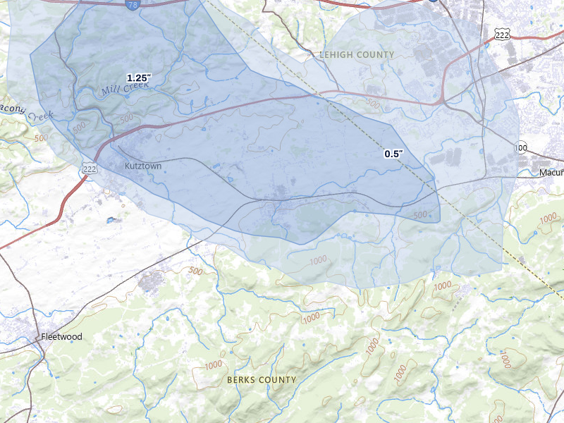 NEXRAD radar-signature map of the hail over Topton, PA