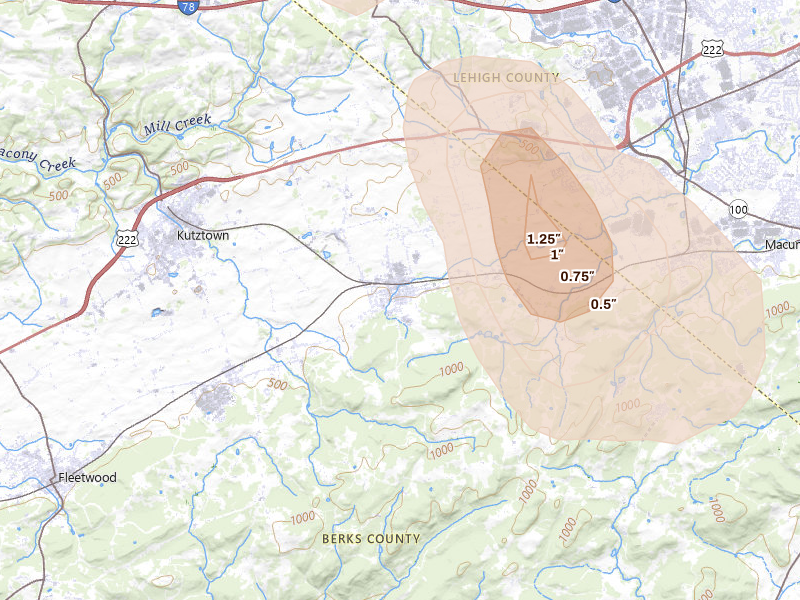 Radar-estimated hail-size map of the storm over Topton, PA on Sep 1, 2026