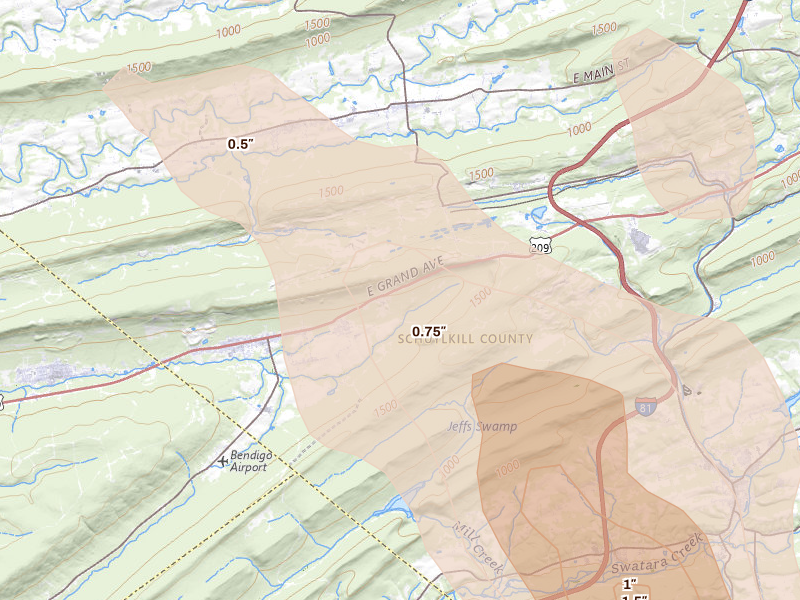 Radar-estimated hail-size map of the storm over Tower City, PA on Sep 1, 2026