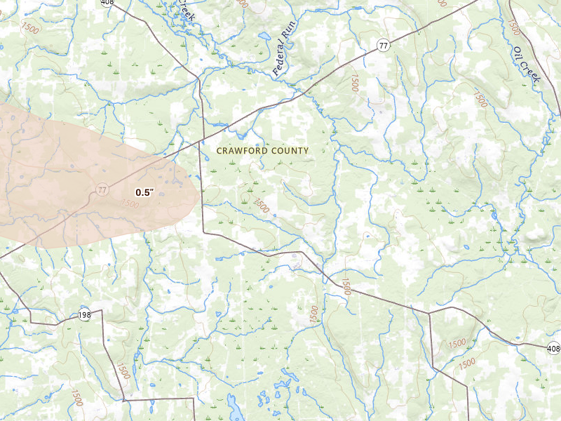Radar-estimated hail-size map of the storm over Townville, PA on Jul 3, 2026