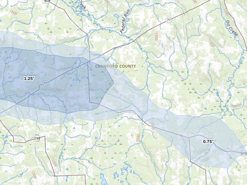 NEXRAD radar-signature map of the hail storm over Townville, PA on Jul 3, 2026