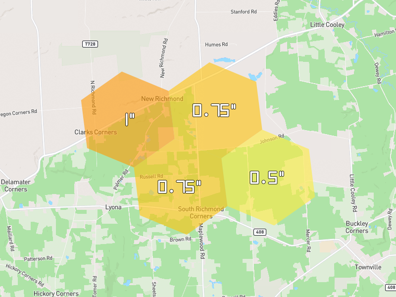 Hail map of Townville, PA on Jul 3, 2026, hail up to 1"