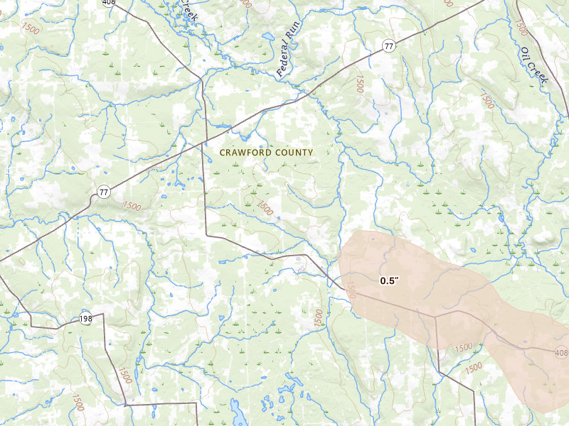 Radar-estimated hail-size map of the storm over Townville, PA on Jul 21, 2026