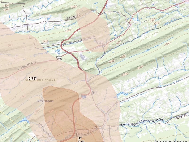Radar-estimated hail-size map of the storm over Tremont, PA on Sep 1, 2026