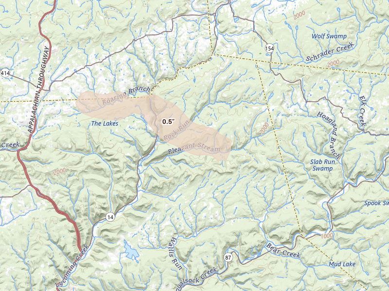 Radar-estimated hail-size map of the storm over Trout Run, PA on Jun 6, 2026