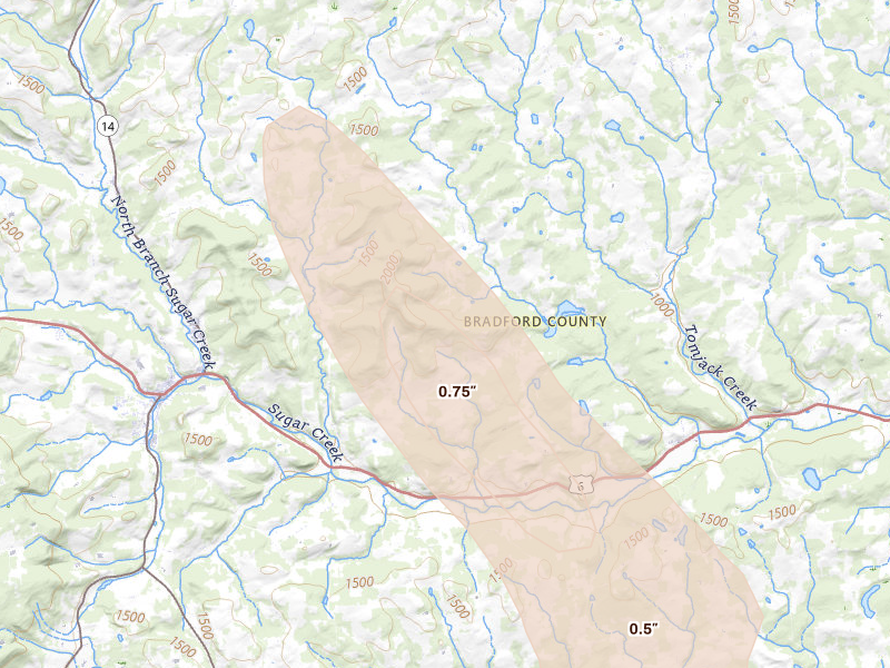 Radar-estimated hail-size map of the storm over Troy, PA on Sep 1, 2026