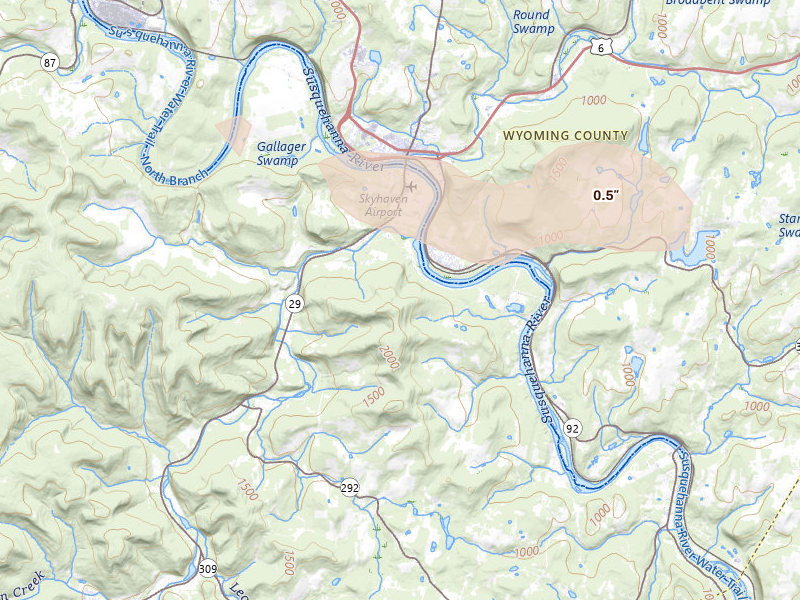 Radar-estimated hail-size map of the storm over Tunkhannock, PA on Jul 1, 2026
