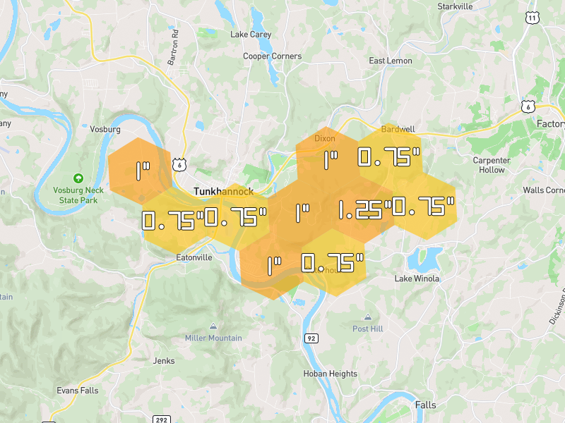 Hail map of Tunkhannock, PA on Jul 2, 2026, hail up to 1.25"