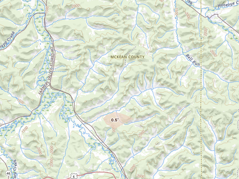 Radar-estimated hail-size map of the storm over Turtlepoint, PA on May 13, 2026