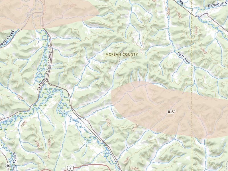 Radar-estimated hail-size map of the storm over Turtlepoint, PA on Jul 3, 2026