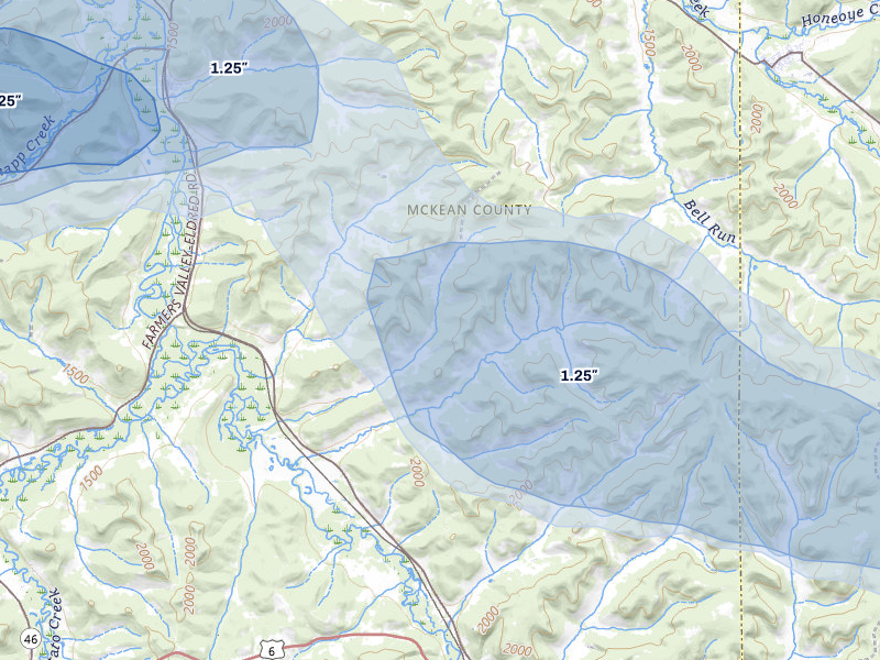 NEXRAD radar-signature map of the hail storm over Turtlepoint, PA on Jul 3, 2026