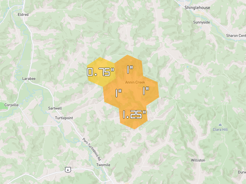 Hail map of Turtlepoint, PA on Jul 3, 2026, hail up to 1.25"