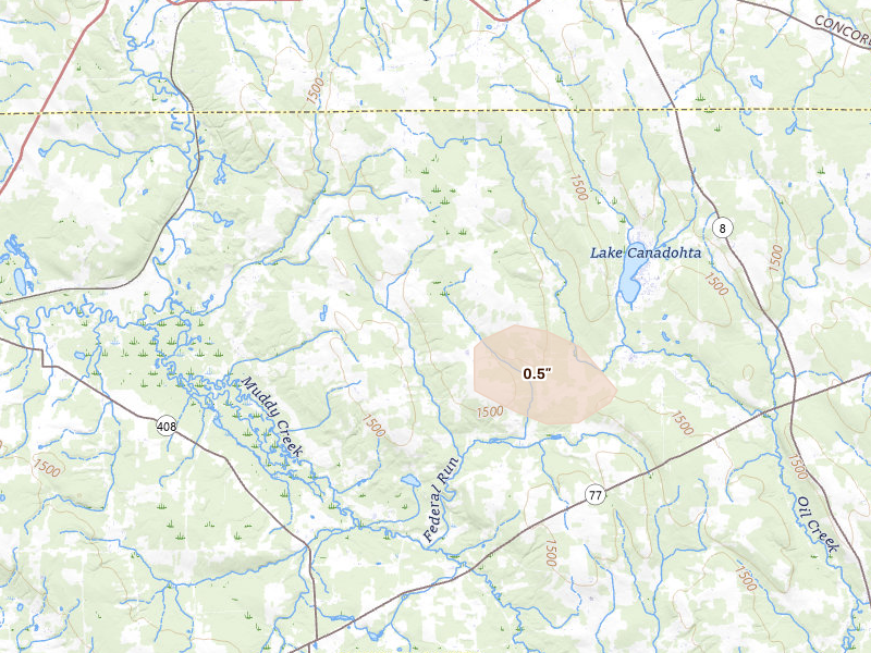 Radar-estimated hail-size map of the storm over Union City, PA on Aug 8, 2026