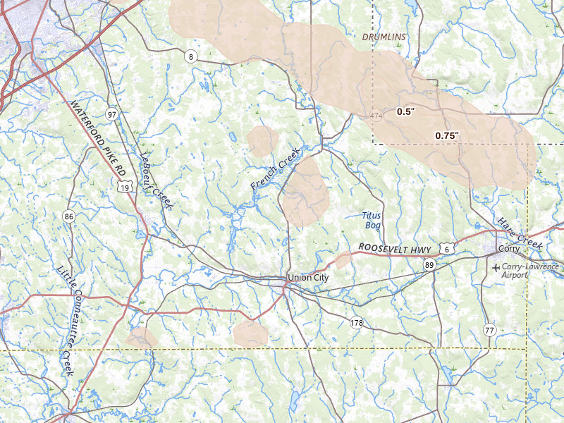 Radar-estimated hail-size map of the storm over Union City, PA on Sep 1, 2026