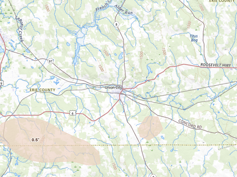 Radar-estimated hail-size map of the storm over Union City, PA